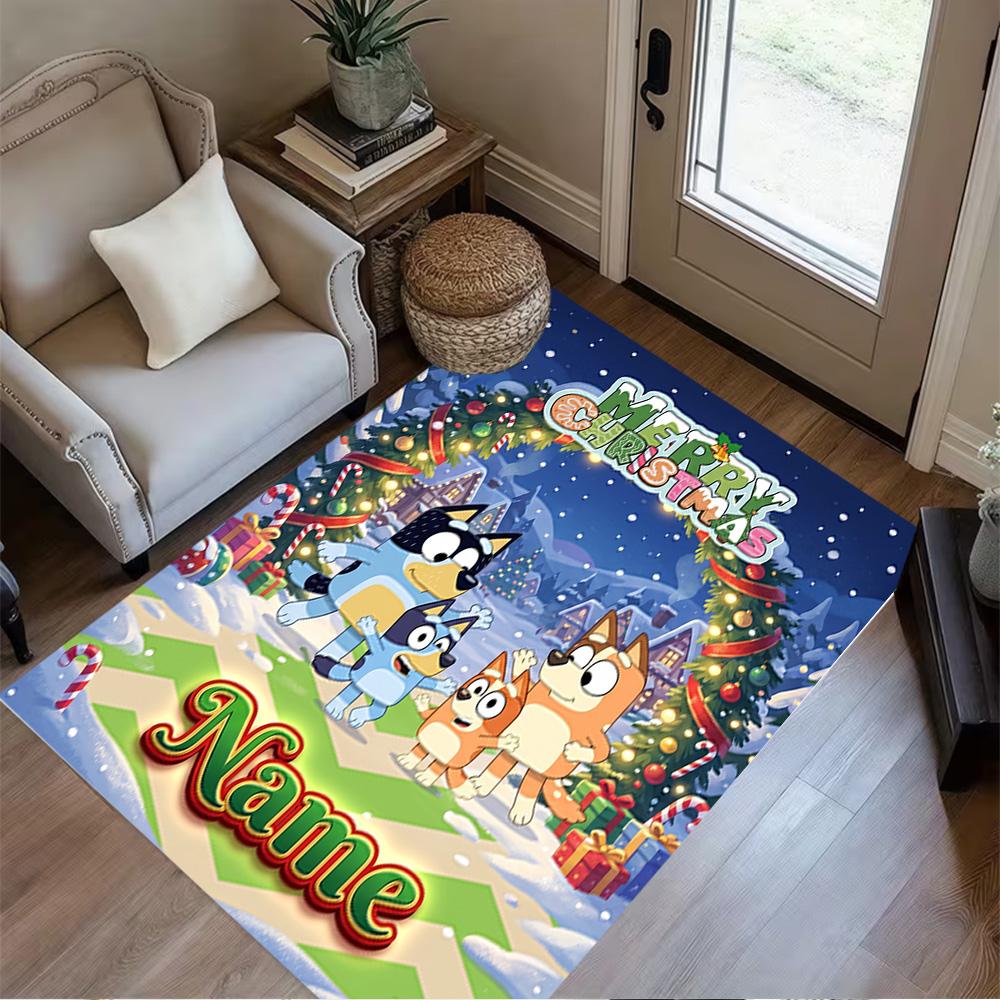 Christmas Bluey Family Customizable Name Floor Mat Suitable for Kitchen Hallway Balcony Outdoor Anti-slip Rug Decorate Offices Wedding Party Gift