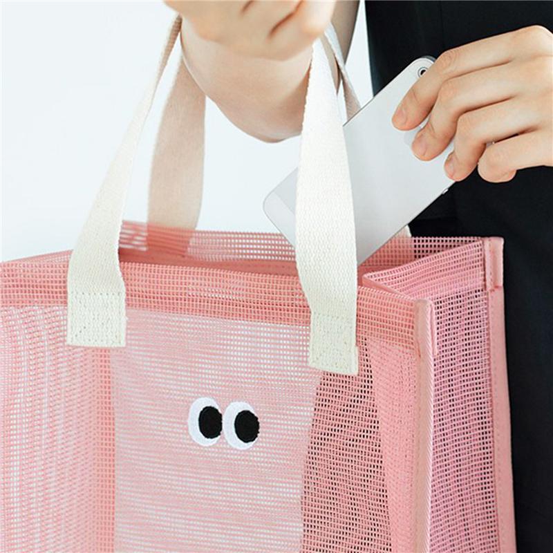 Women Summer Beach Bag Lovely Eye Print Ladies Casual Handbag Tote Bag Large Capacity Mesh Fabric Reusable Swimming Shoulder Bag