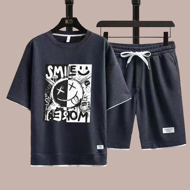 Waffle Mens Set Summer T-Shirt Shorts Tracksuit Mens Streetwear Short Sleeve 2 Pieces Set Casual Men Sports Suit Clothing