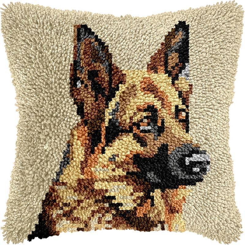 German Shepherd Beginner Latch Hook Kits Pillow Cover Set Sofa Cushion Latch Hooking Carpet Rug Acrylic Yarn Printed Pillowcase Craft Kits with Tools