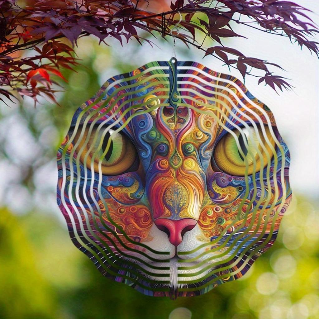 Metal Colorful Cat Wind Chime Handmade Outdoor Garden Decor Vibrant Swirling Patterns No Electricity Needed for Patio