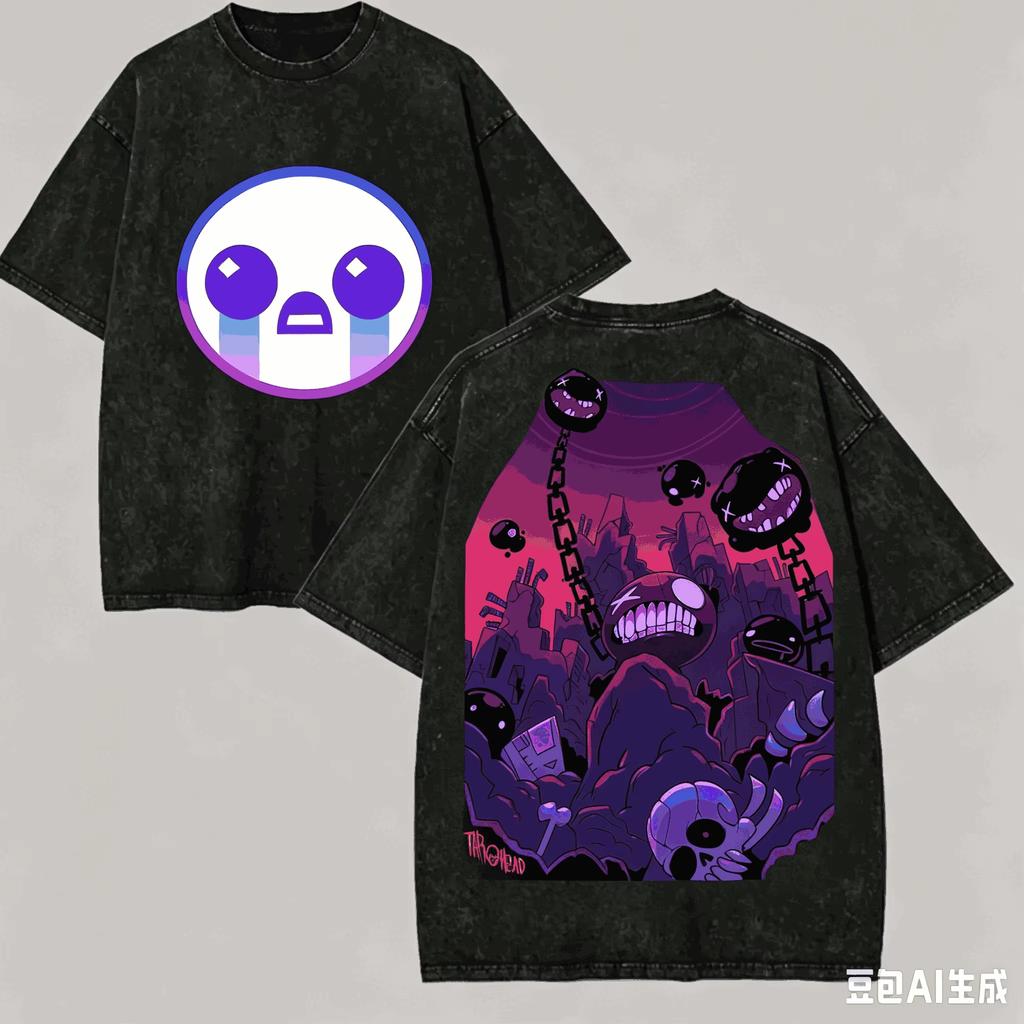 The Binding of Isaac Game Print T-shirt Unisex Vintage Washed Short Sleeve Tee Dark Cartoon Casual Oversized Streetwear Tops