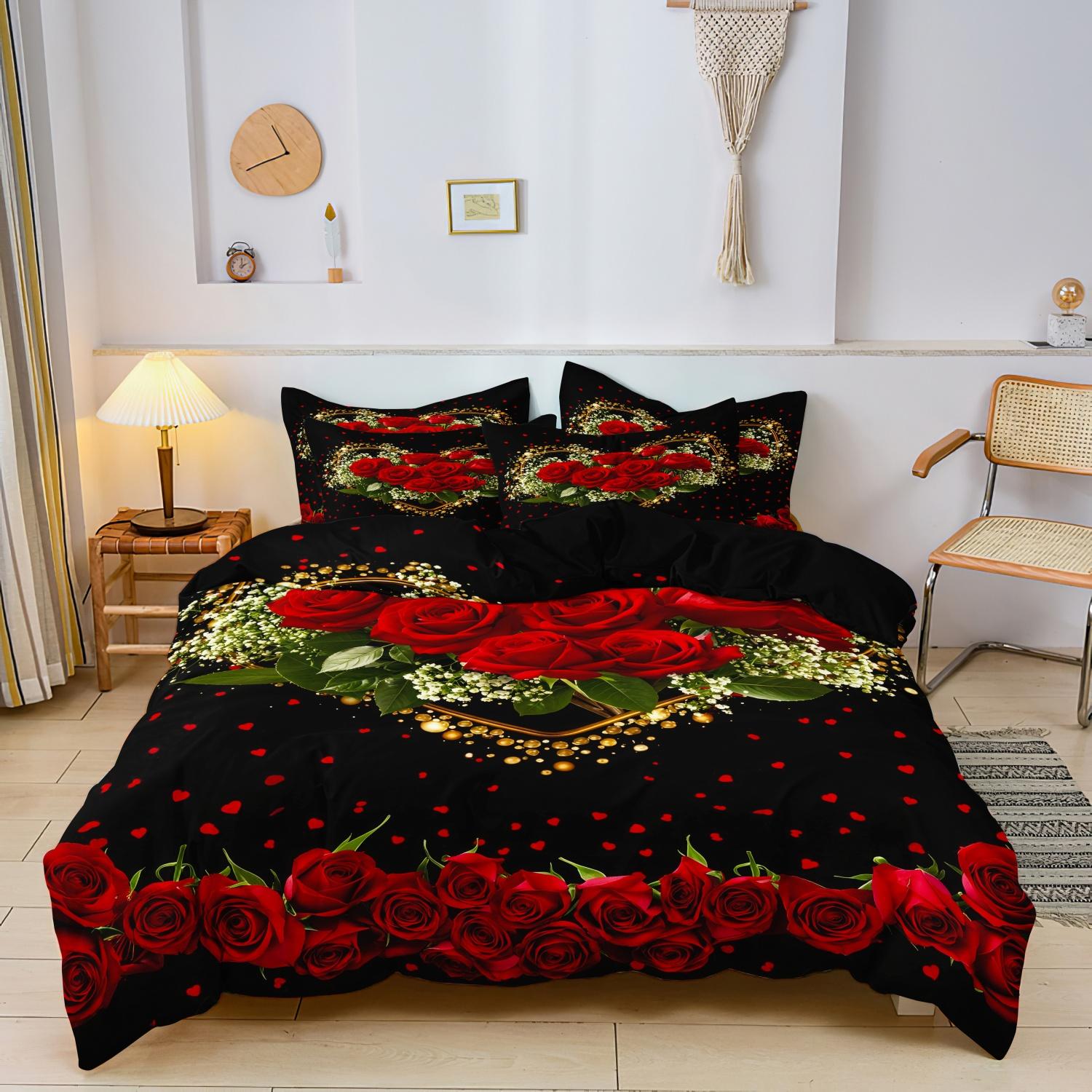 3pcs Set Valentine S Day Romantic Rose Leopard Animal Print Bedding Duvet Cover Set Leopard Print Duvet Cover Set Festival Gift EU Single-135x200cm&set