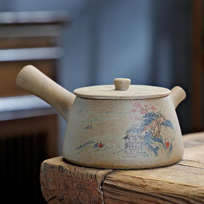 Vynikající keramická čajová konvice Čínská klasika hrubá keramika čajová konvice s uchem keramika rychlovarná konvice černá Zelená fialová hlína Surová ruda čajová souprava