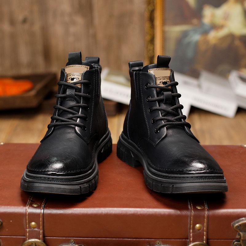 Martin Men's 2024 Thick-Sole Mid-Cut Genuine Leather Boots - British Retro Style for Autumn and Winter