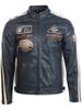Men's Real Leather Racing Biker Jacket (CXUS) - Navy Blue