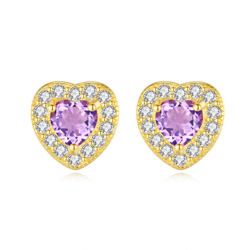 Natural amethyst heart stud earrings s925 silver needle inlaid love earrings fashionable versatile women s models 925 silver