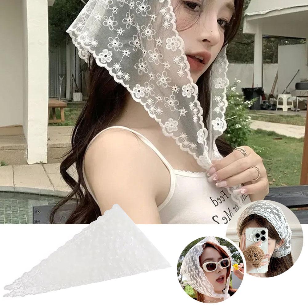 White Woven Floral Lace Hair Scarf Wraps Women Retro Headscarf Travel Hair Triangle Hat Photo A X9E4