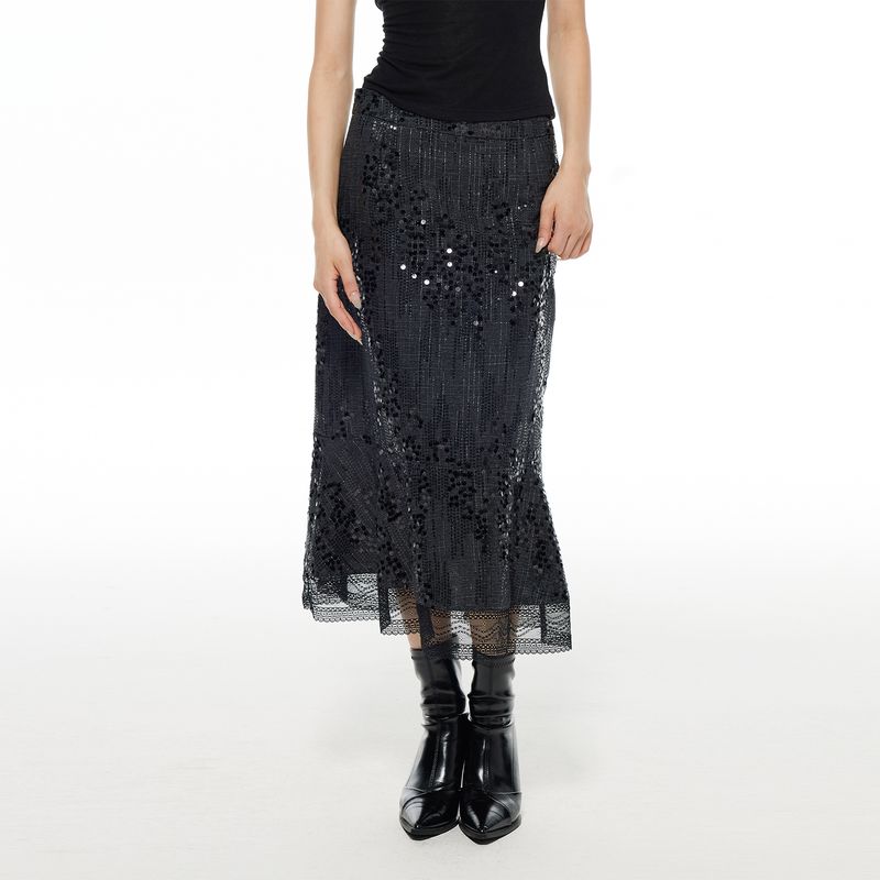

Thelight24 New Arrival Sequin A- line Lace Sequin Lace Skirt Black Sexy Dress Spider Demon Wear Match Black L