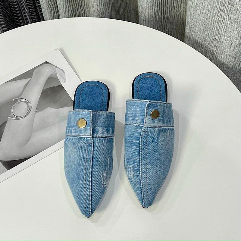 

Fashion Fall New Pointed Toe Deep Mouth Rivet Soft Sole Non-Slip Wear-Resistant Flats Fashion Denim Wrapped Slippers 36 синий