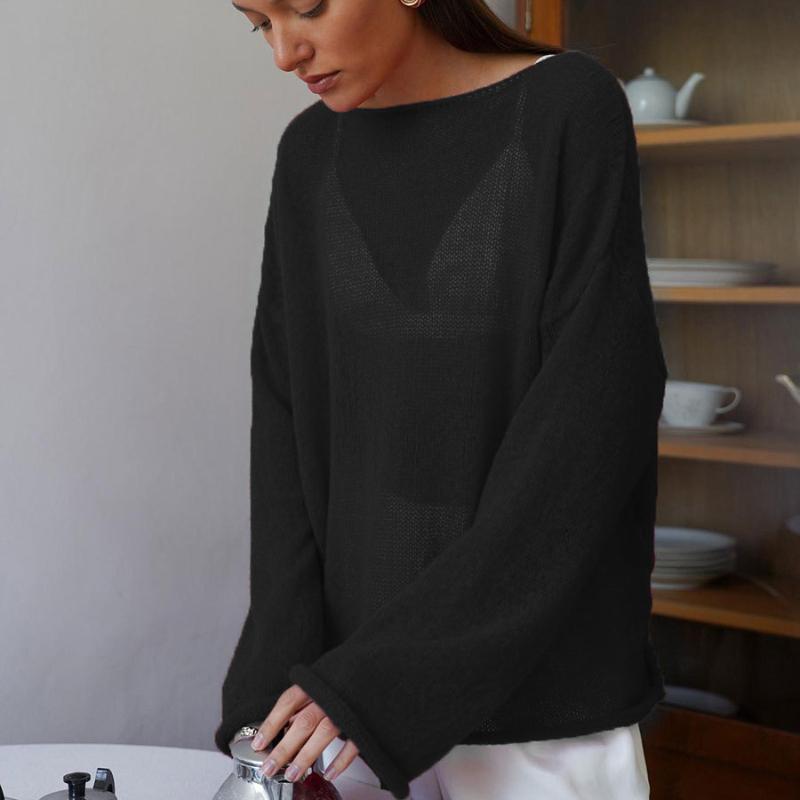 Hohler Strickpullover Frühling und Sommer Damen Perspektive Dünne Abteilung Großer Rundhalsausschnitt Trompetenärmel Gestricktes T-Shirt