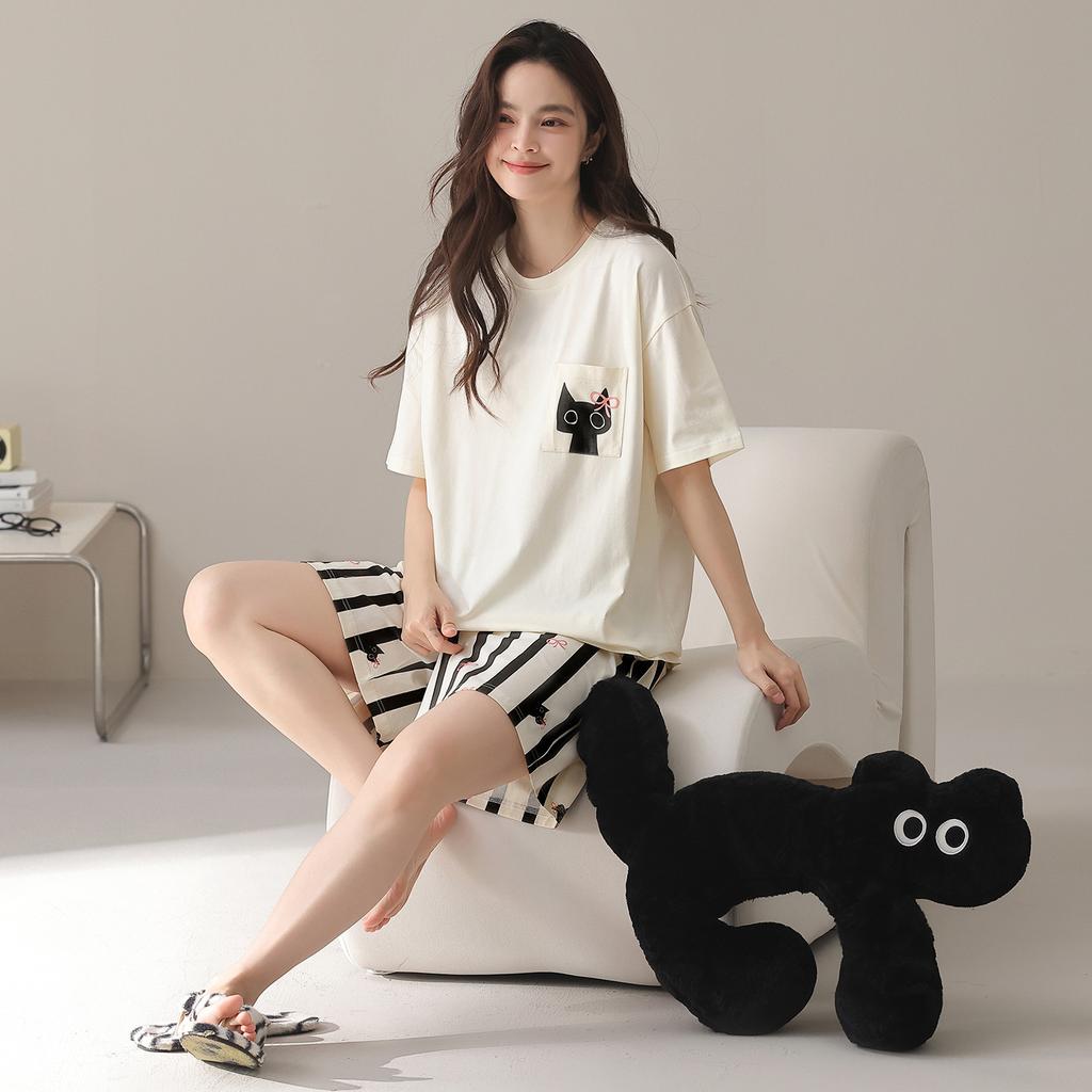 Pure cotton pajamas women's 1011 new summer casual style soft short-sleeved shorts loose and wearable loungewear set
