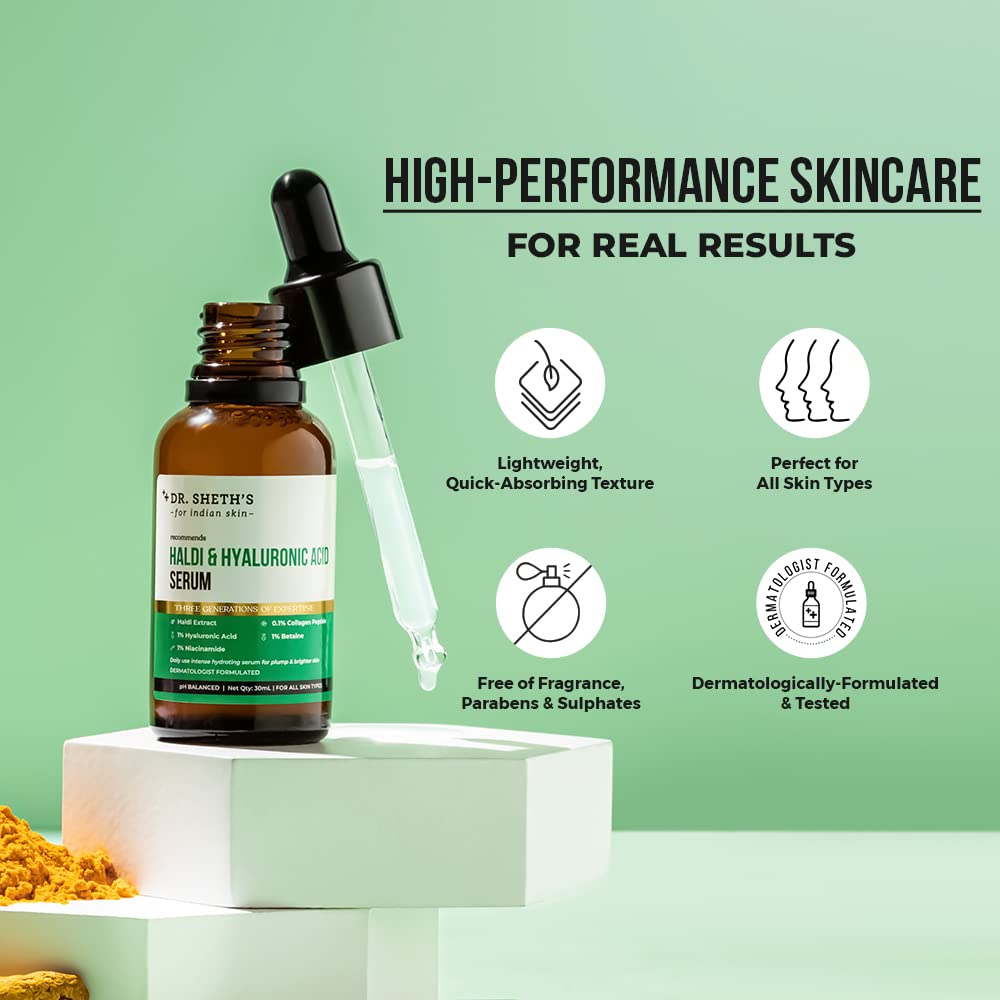 Dr. Sheth's Haldi & Hyaluronic Acid Face Serum With Niacinamide Collagen Peptide 30 mL For Hydrated Plump Skin