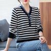 New Autumn and Winter Long-sleeved V-neck Sweater Stylish and Loose Slim Striped Sweater for Middle-aged Women