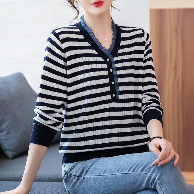 New Autumn and Winter Long-sleeved V-neck Sweater Stylish and Loose Slim Striped Sweater for Middle-aged Women
