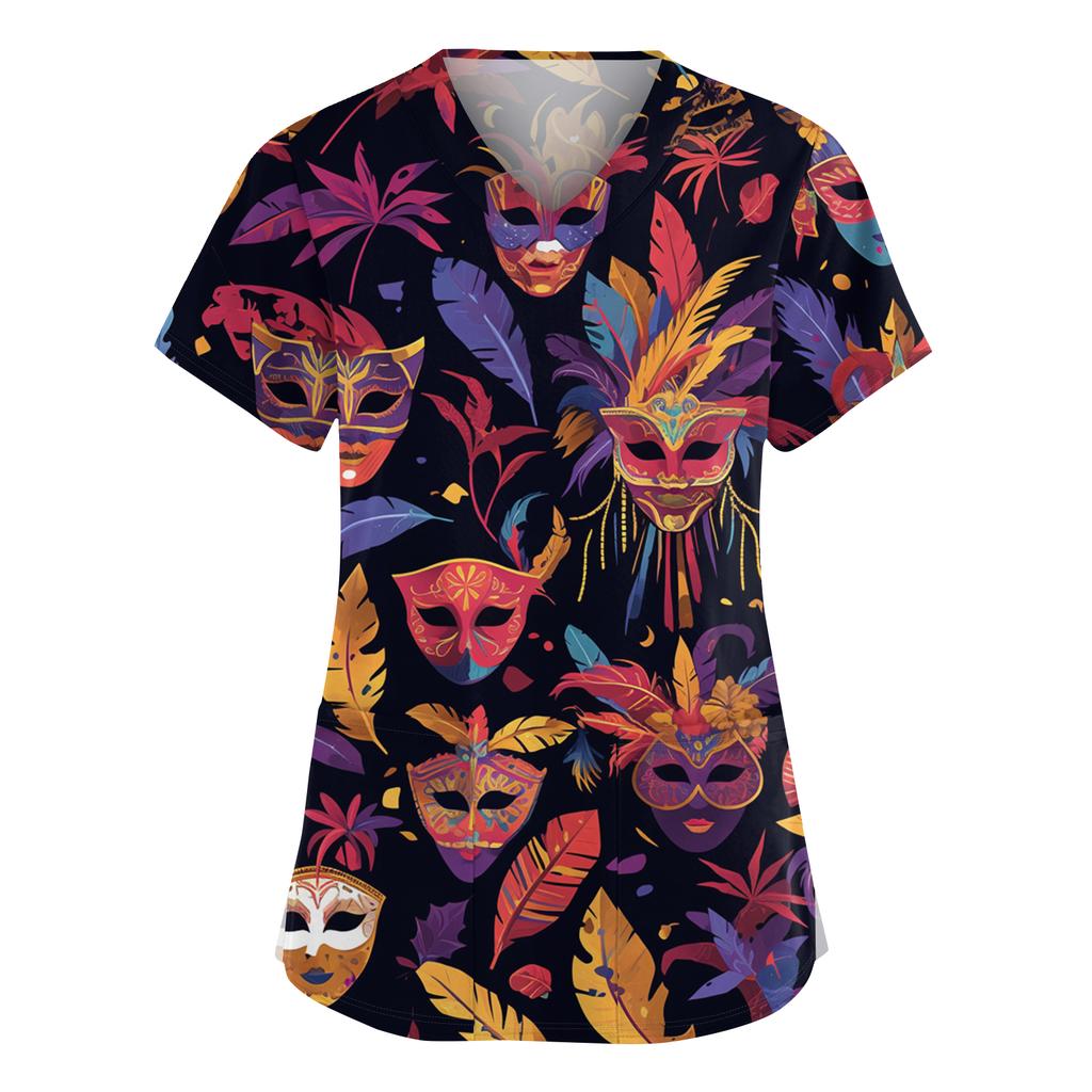 Women's Fashionable V-neck Workwear Printed Short Sleeved Pocket Side Slit Workwear Basic Pullover Top