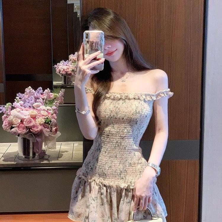 Waist-Cinching 2026 Floral One-Shoulder Short Dress with Elastic Waist - New Summer Style for Women