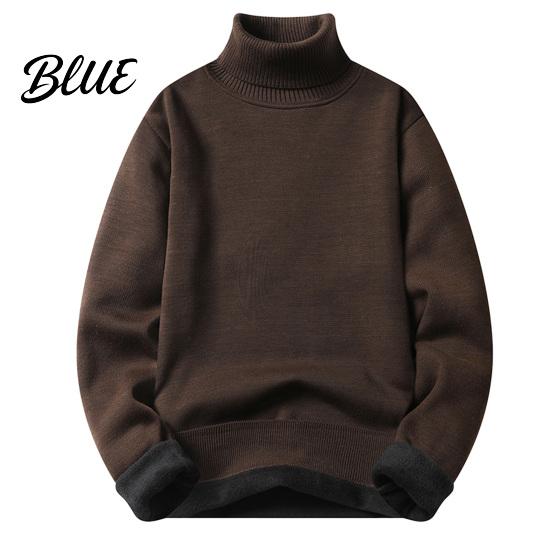 Solid Color Men Slim Fit Long Sleeve Winter Turtleneck Sweater Autumn Tight Plush Fleece Lining