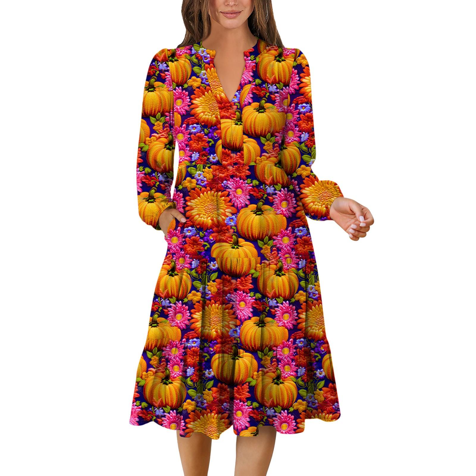 

Women s V-Neck Flowing Layered Bohemian Long Sleeve Halloween Print Dress L