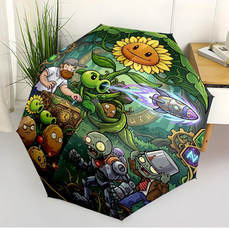 Plants VS Zombies Print Automatic Open Close Umbrella, Portable Foldable Umbrella, for Outdoor Commute Camping Trip, Ideal Birthday Gift