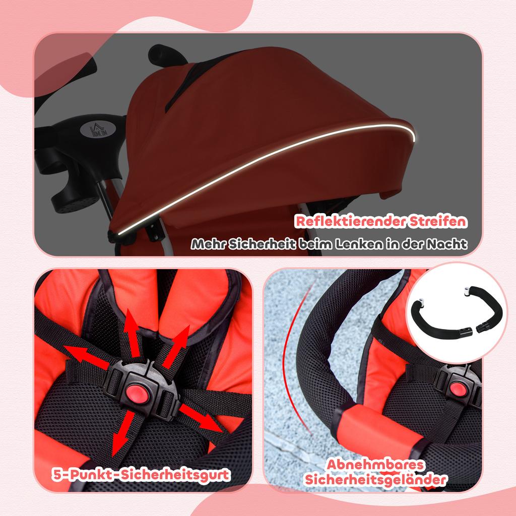 Metal Frame 6 in 1 Baby Push Tricycle with Parent Handle for 1-5 Years Old, Red
