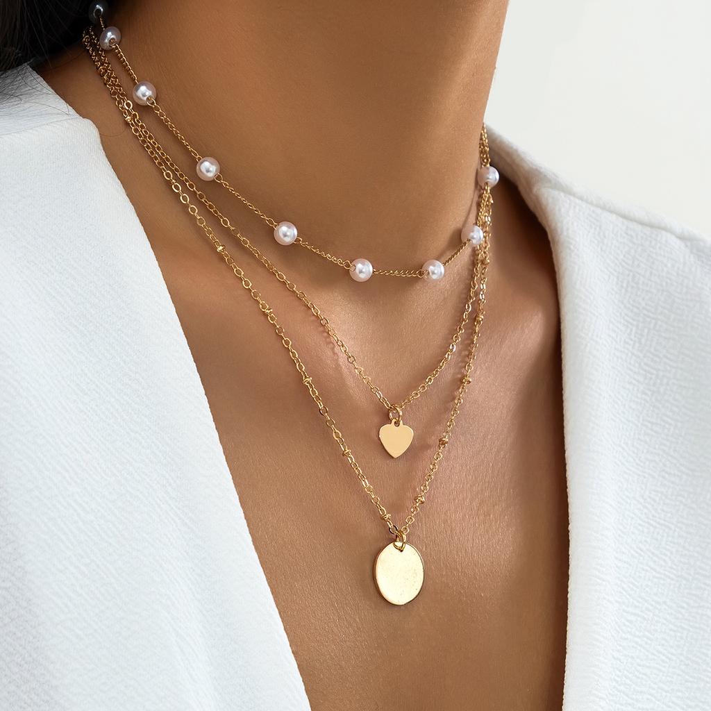 Thin chain multi-layer necklace set female, simple imitation pearl geometric disc, sweet and cold style item