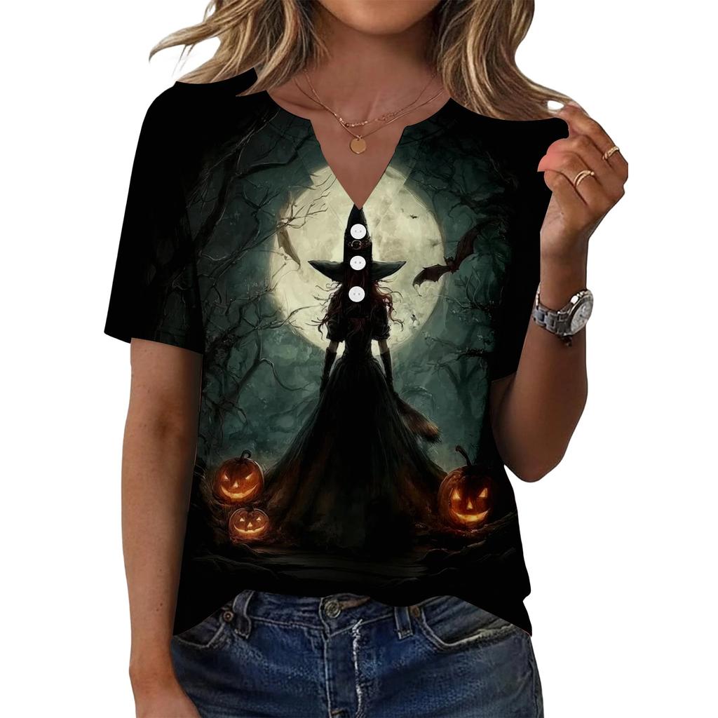 Womens Casual V Neck Short Sleeve Button T Shirt Halloween Pumpkin Witch Print Top Lightweight Comfortable Fit