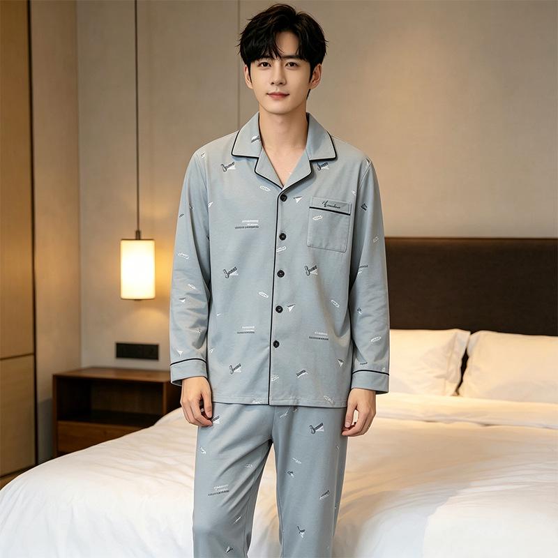 Men's Casual Long Sleeve Cardigan Pajama Set - Spring/Autumn, Plus Size, Youth to Middle-Aged