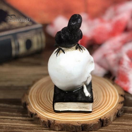 Gothic Skull Figurine Mystical Raven on Statue, Crow Perching Decor with Book, Spooky Halloween Resin Sculpture for Desk Shelf Retro Desktop