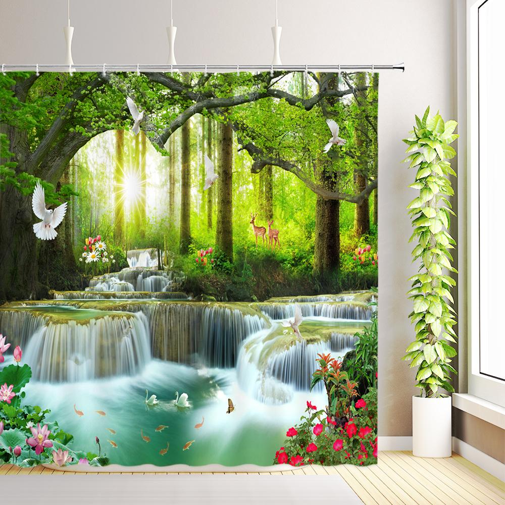 Forest Waterfall Nature Scenery Shower Curtain Flowers Green Plant Trees Birds Animals Home Decor Bathroom Curtains With Hooks