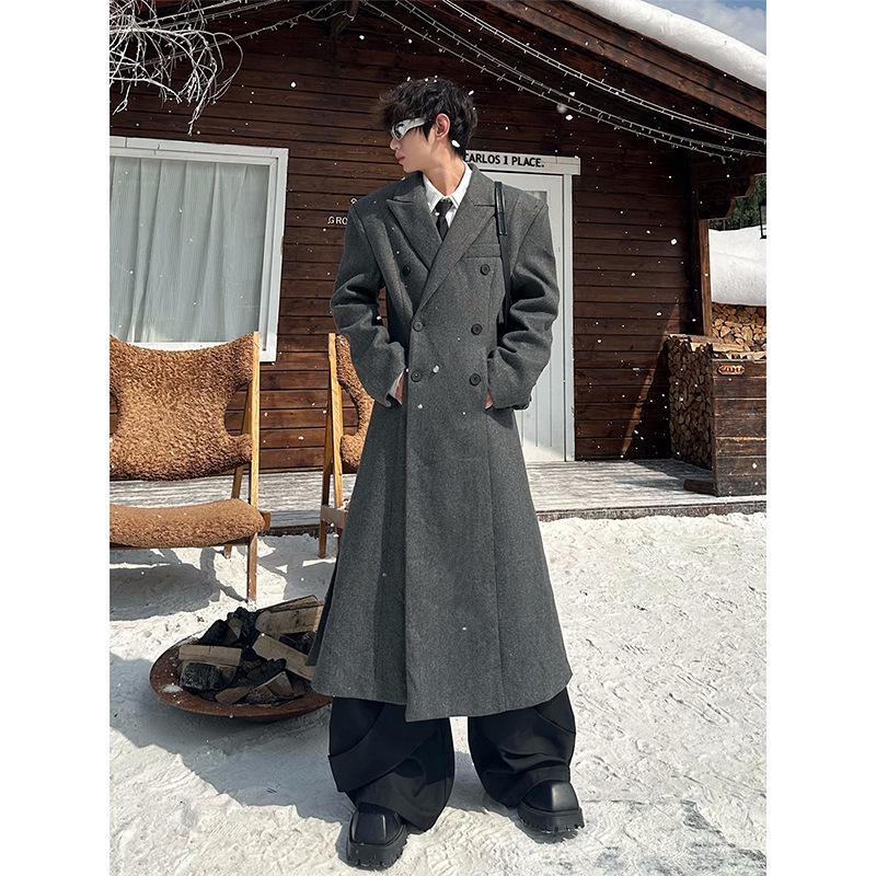 

Klusou Men s Korean Style Woolen Trench Coat: Autumn/Winter Mid-Length Double-Breasted Shoulder Pads Large темно-сірий