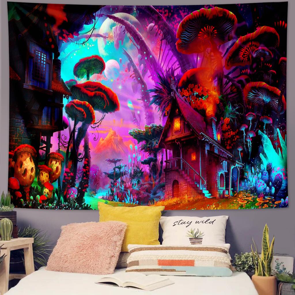 1pc Psychedelic Mushroom Tapestry, Colorful Mushroom Forest Tapestry, Space Planet Room Decoration Tapestry