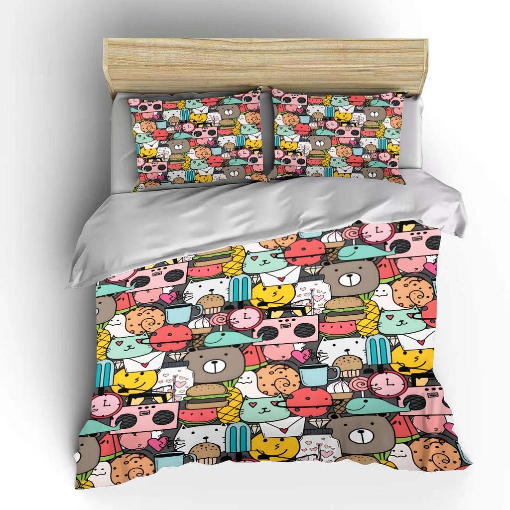 Cartoon Animals And Food Collage Print Bedding Set 1 Duvet Cover 2 Pillowcases For Adult And Children Luxury Gift Full Size