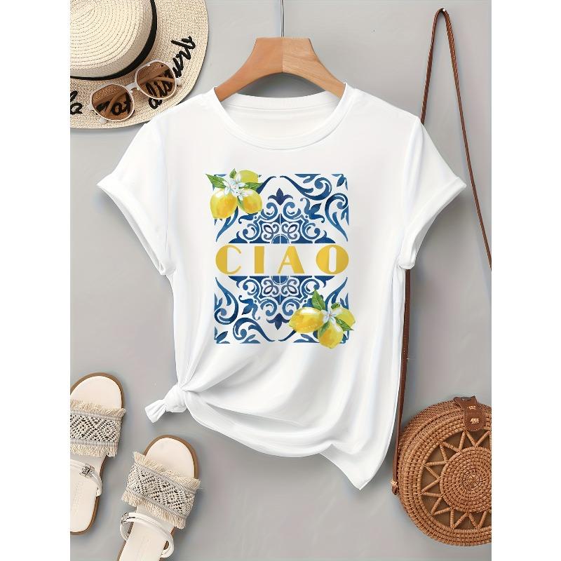 European sizes Lemon Pattern Print, Round Neck Women'S Short Sleeve T-Shirt, Easy Summer Base Shirt Graphic Print