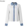 ZANZEA Women Casual Splice Turn Down Collar Long Sleeve Blouse