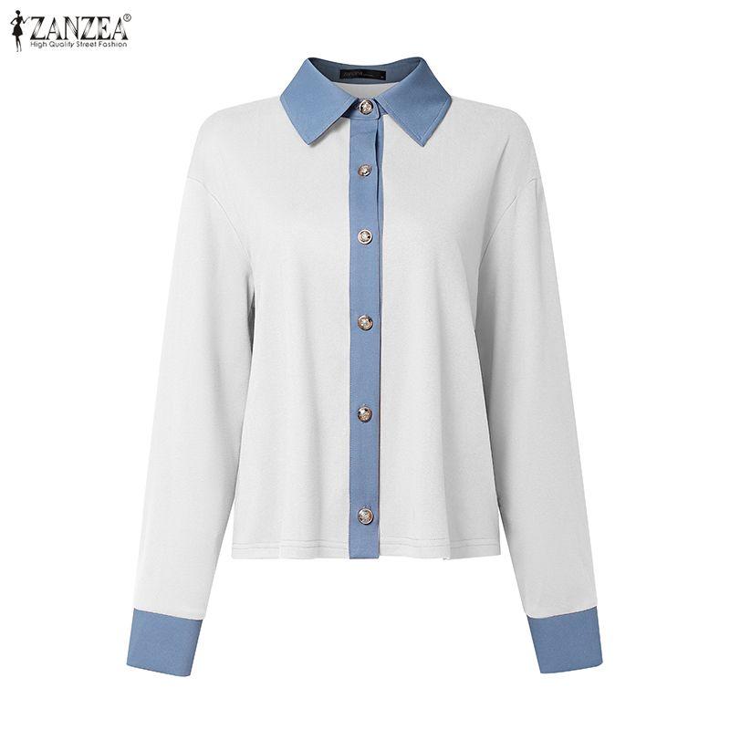 ZANZEA Women Casual Splice Turn Down Collar Long Sleeve Blouse