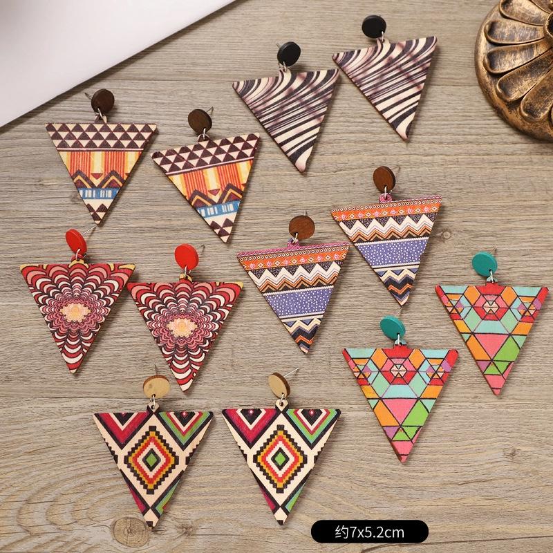 

Богемный отпускной стиль деревянные серьги ретро преувеличенная личность геометрический принт серьги темперамент длинные женские серьги