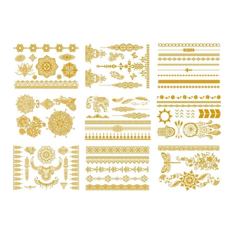 9 Blatt Premium Goldfolie Temporäre Tattoos für Partys und Events mit metallischen Designs und einfacher Anwendung