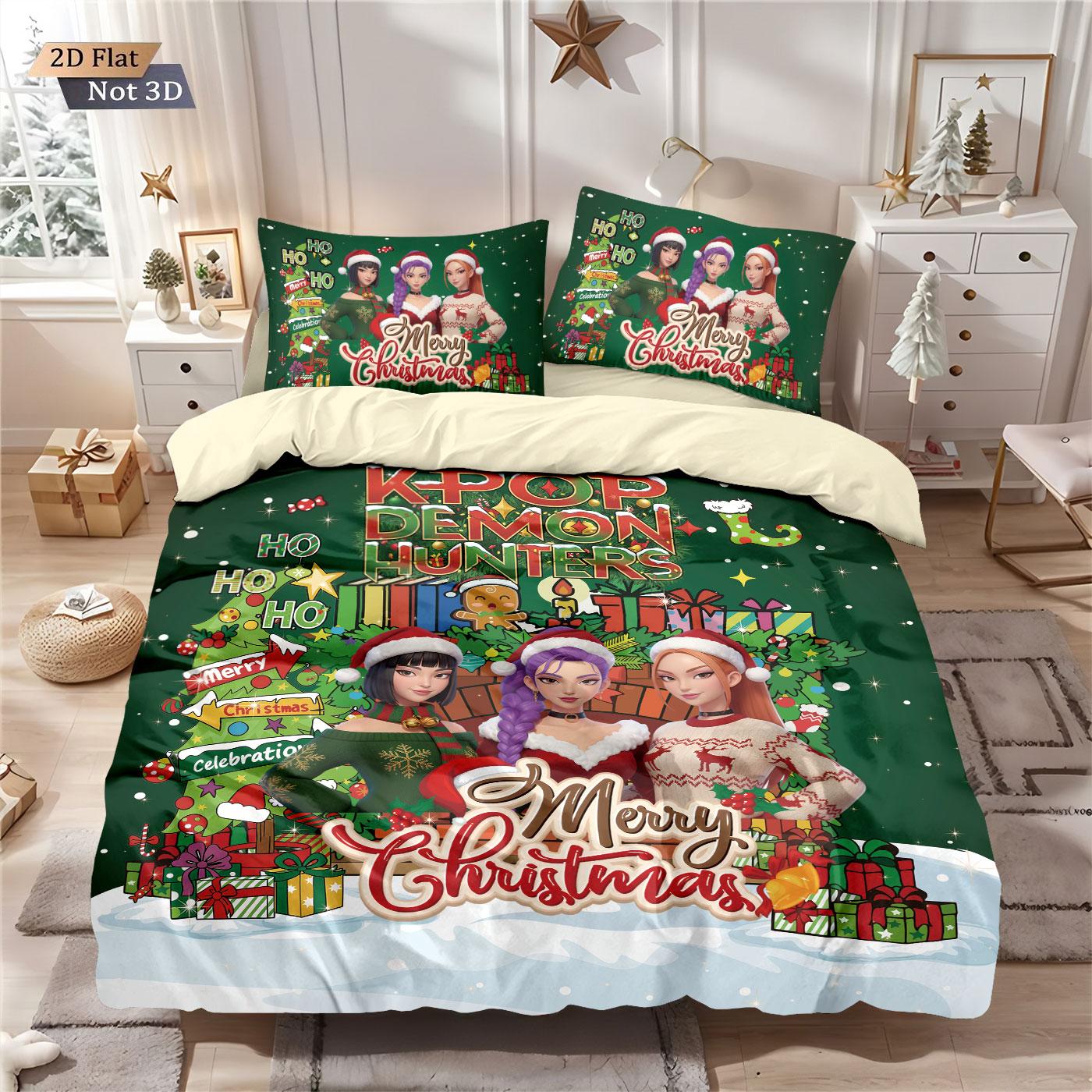 

3 шт. Рождественский K-Pop Истребители демонов принт бесшовный комплект пододеяльника разных размеров постельное белье для спальни праздничное украшение машинная стирка 135x200cm-EU-Single&set