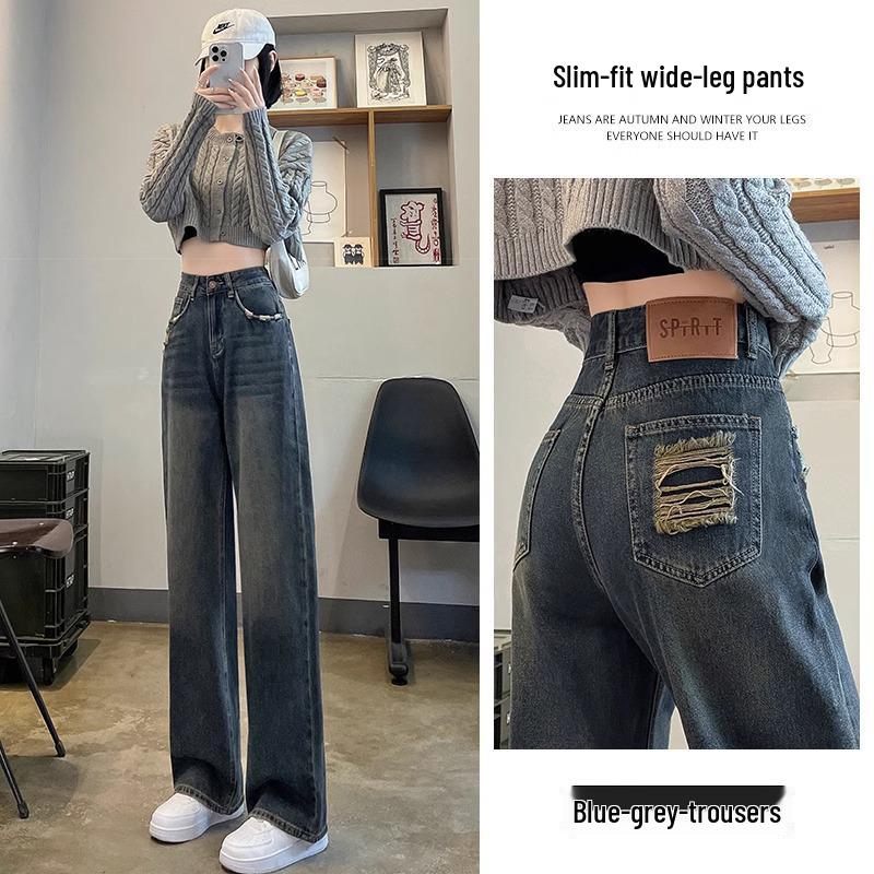 

Women s High-Waisted Ripped Wide-Leg Jeans - Spring 2025 Slimming Fit M 94-105 lbs