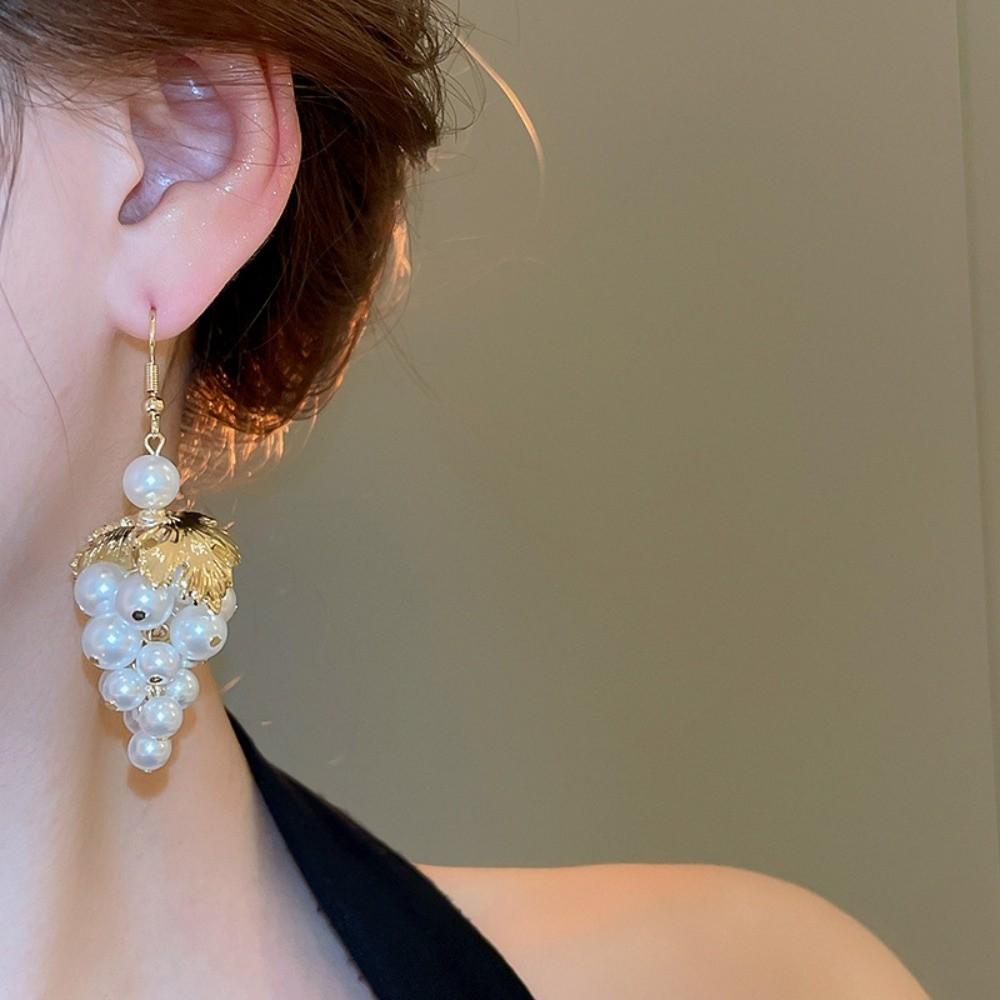 Leaf and Grape Pearl Tassel Ear Hook Faux Pearl Vintage Dangle Earrings Jewelry Gift