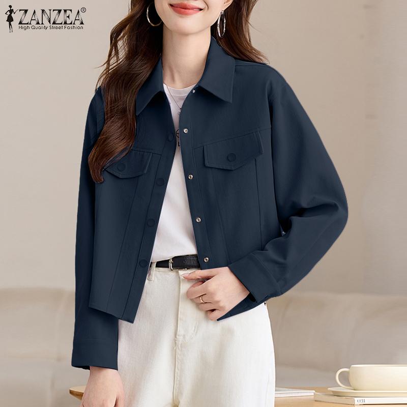 ZANZEA Women Casual Turn Down Collar Long Sleeve Plain Blouse