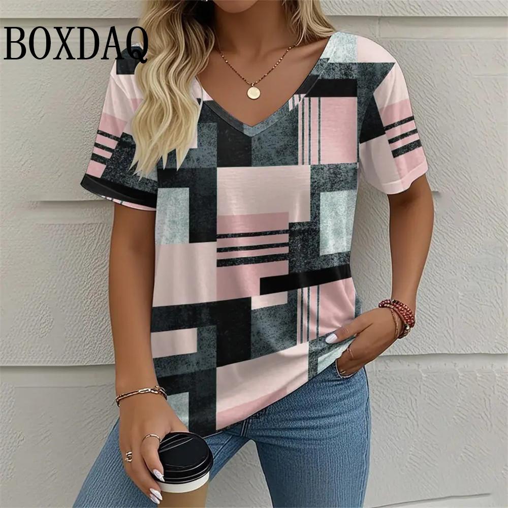 Summer Women Plaid Pattern Print T Shirt Fashion Casual Loose Short Sleeve Tops Plus Size V-Neck Women's Tees Shirts 5XL