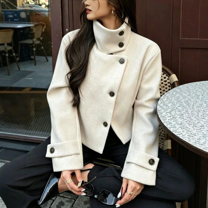 Damen Vintage Stehkragen Jacke Freizeit Unifarben Oberbekleidung Herbst Winter Kleine Frauen