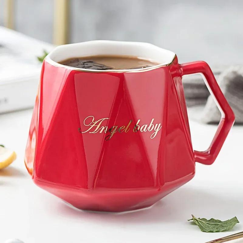 Creative Diamond Shape Ceramic Mugs Light Luxury Breakfast Milk Coffee Cup Personalized Geometric Tea Cups Couple Gift Drinkware
