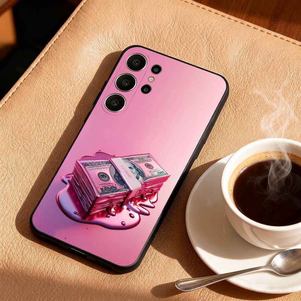 P-Pink D-Dollars Banknote Phone Case For Samsung S25,S24,S21,S22,S23,S30,Ultra,S20,FE,Lite,10,9,Black Cover