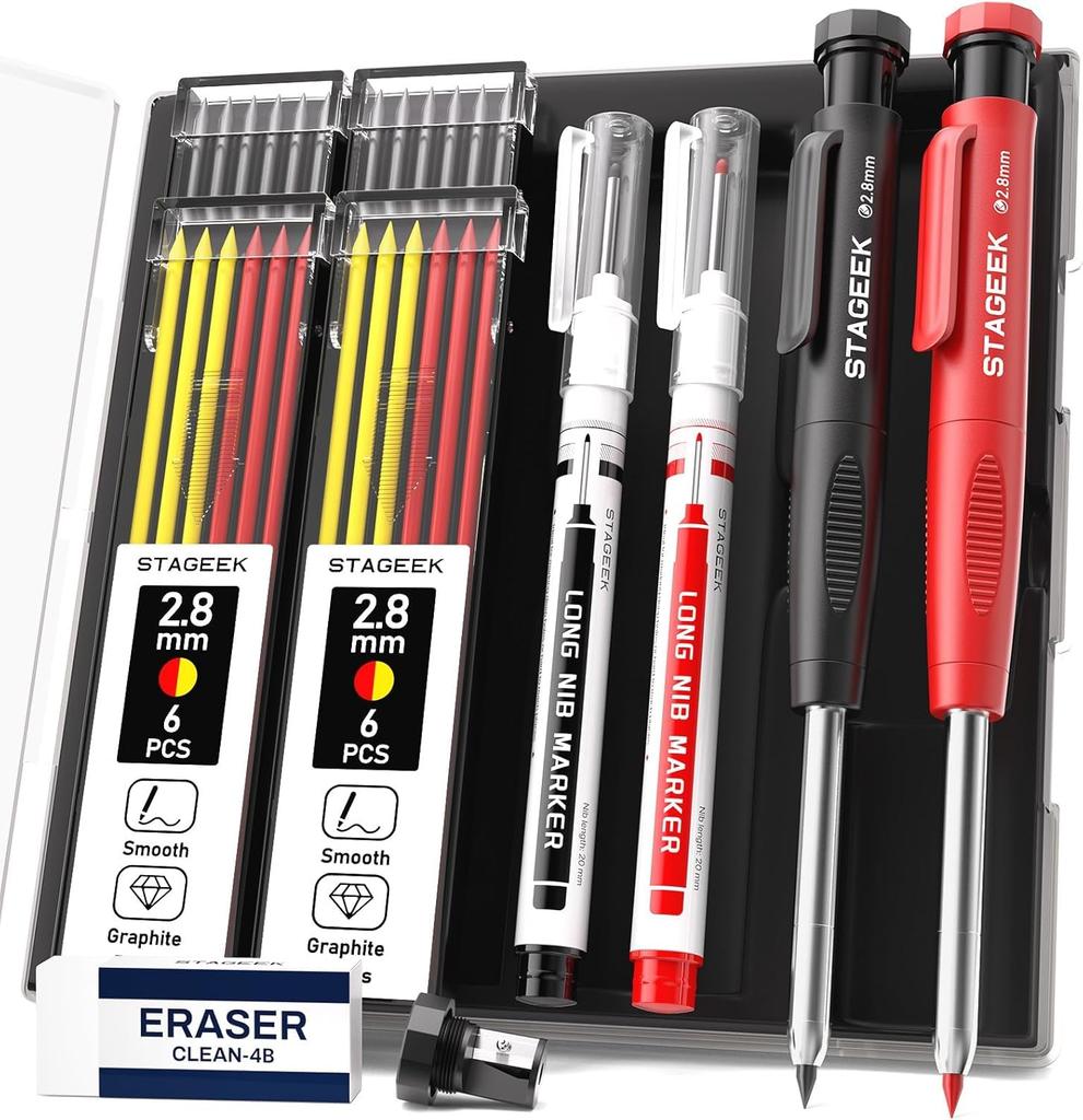 STAGEEK Architectural Mechanical Set of with Leads Marking Yellow Pencil, 2.8mm, 2, 3-Color (24 Leads), Heavy-Duty, Carpenter's, (Black, Red, Refills)