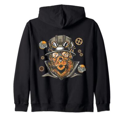Steampunk Löwe mit Sonnenbrille und Zahnrädern Zip-Hoodie Mütze,
