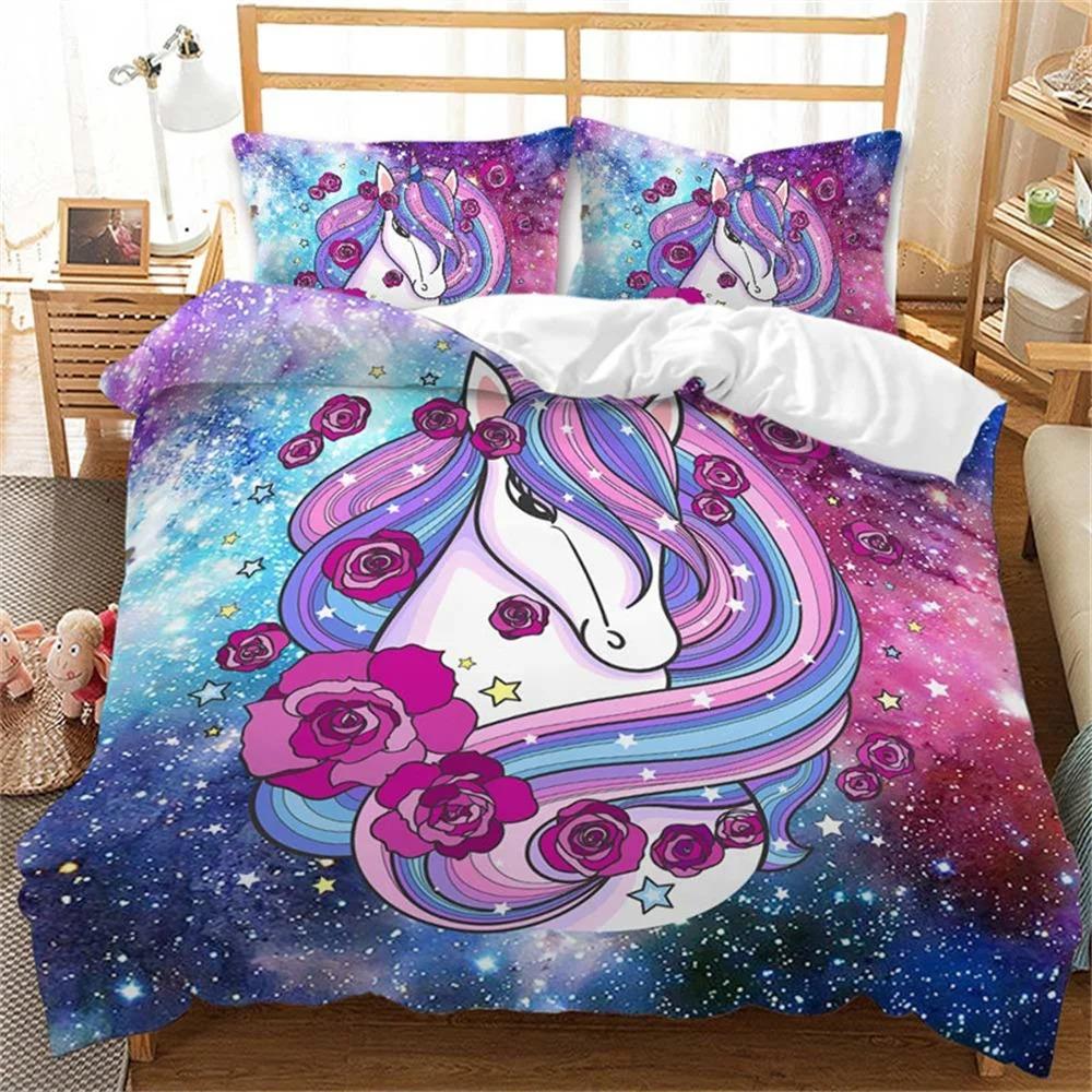 

Colorful Luminous Unicorn Print Bedding Set 3D Cartoon Animal Pattern Duvet Cover Bedroom Decor With Pillowcases For Girls Gift EU Single 135x200cm