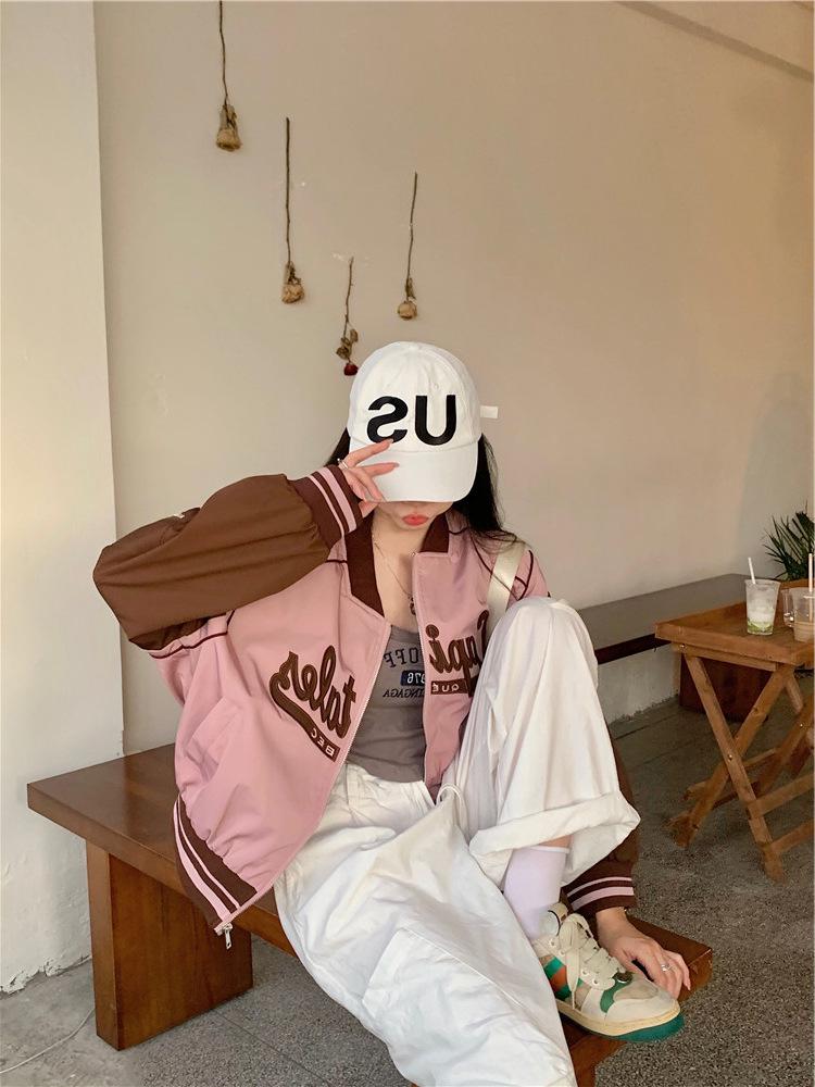 2024 Spring/Autumn Women's Casual Letter Print Patchwork Baseball Jacket with Stand Collar